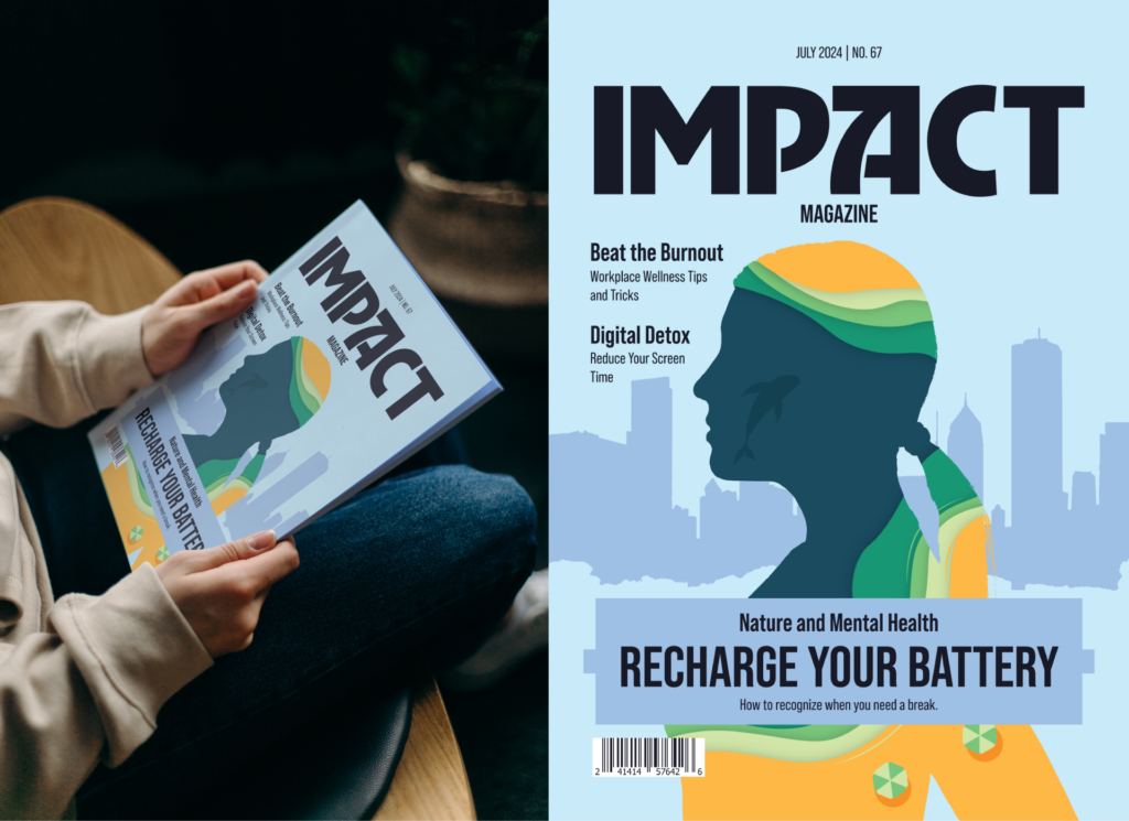 Adobe Illustrator Challenge 3, magazine cover design. Right side design, masked silhouette with papercut ocean landscape. Blue city skyline in the background. Placeholder text for the content. Left side mock-up of magazine being held in someone's hands.