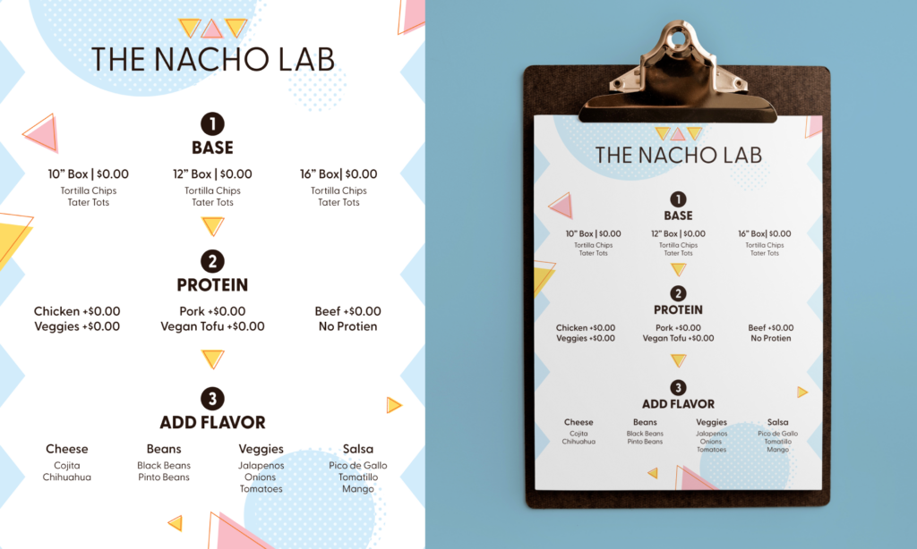 Adobe Illustrator Challenge 4, menu design. Left, the nacho lab design, geometric shapes and dots in pastel blues, reds, and yellows with base ingredients, protein, and flavor add-ins placeholder copy. Right, mock-up of menu on a clipboard against a blue background.