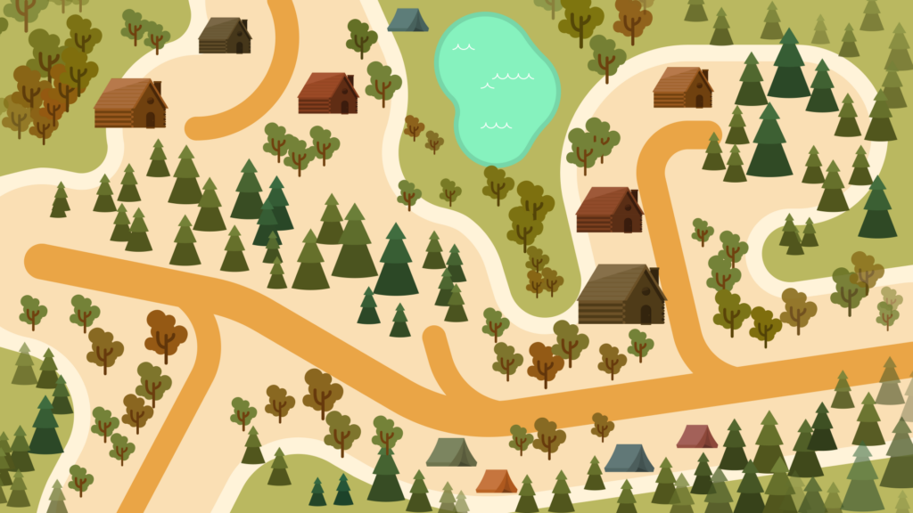 Adobe Illustrator Challenge 2, map. Stylized map using earth tones, yellow roads, brown cabins, teal lake, multicolored tents, and green trees.