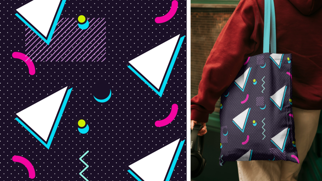 Adobe Illustrator Challenge 3, Memphis style pattern design. Left, pattern, dark purple background, pink curved lines, white and teal triangles, pink hatched line rectangles, teal and green circles, teal lines. Right, pattern mock-up on a tote bag.