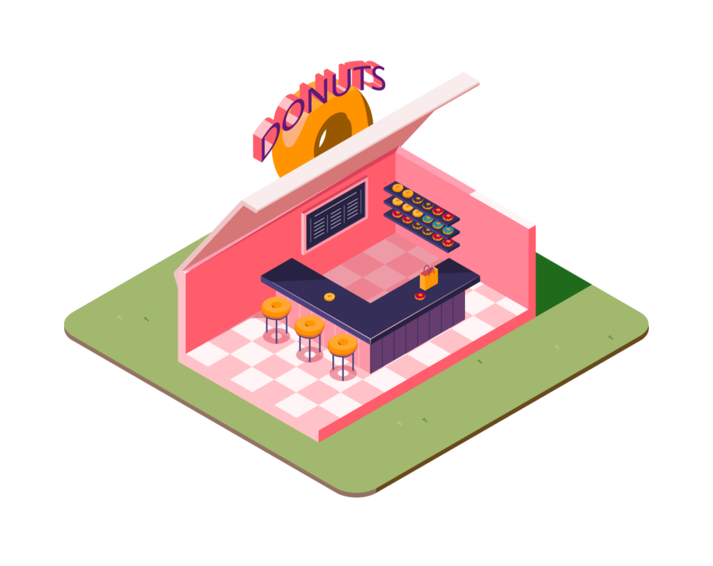 Adobe Illustrator Challenge 1, isometric art. 3D pink donut box as a donut shop, donuts sign and large donut outside on the lid. Donut stools and purple counter with bag and donut. Donut shelves in the background and chalkboard sign.