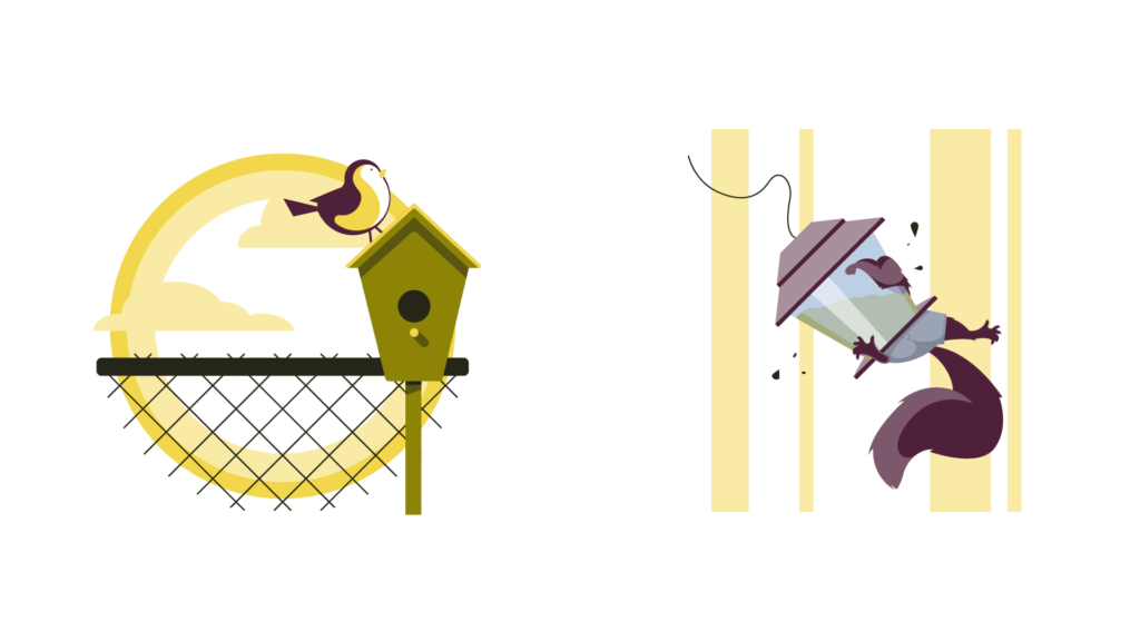 Adobe Illustrator Challenge 4, editorial illustration. Two bird illustrations. Left a large yellow sun, clouds, chain link fence, birdhouse, purple and yellow bird on the house. Right yellow abstract line trees in the background, swinging bird feeder in brown, with a squirrel hanging off.