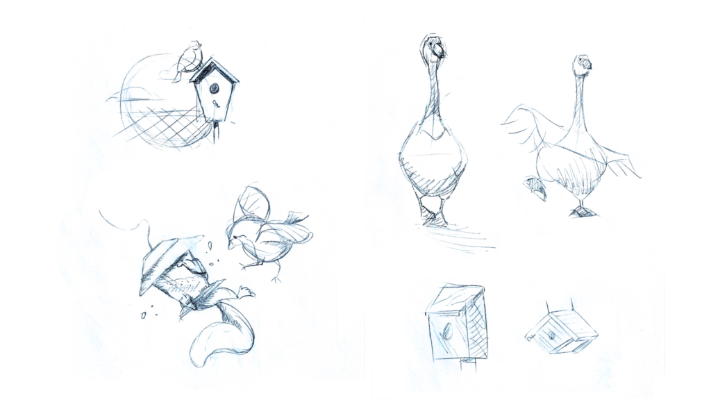 Adobe Illustrator Challenge 4, editorial illustration pencil sketches. Bird and birdhouse top left, bird and squirrel bird feeder bottom right. Two geese walking towards viewer top right. Two birdhouse styles bottom right.