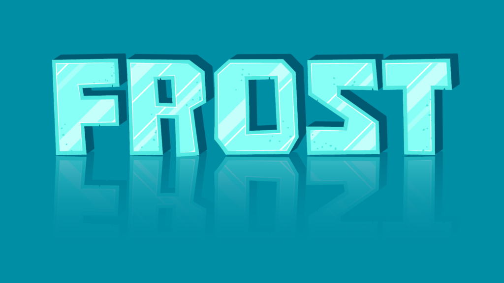 Adobe Illustrator Challenge 1, text effects. Frost on a light blue background, stylized ice text with highlights, extruded, light surface texture, and reflection.