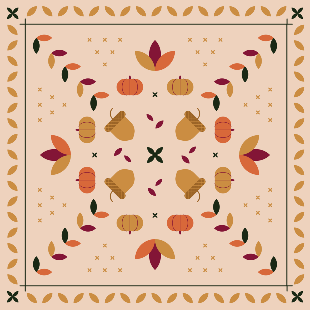 Adobe Illustrator Challenge 3, bandana design. Pattern made of pumpkins, leaves, and acorns. Warm colors, yellow, orange, maroon, dark green.