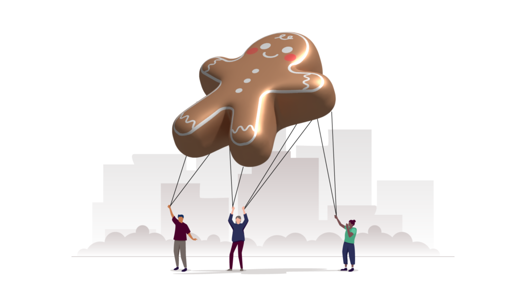 Adobe Illustrator Challenge 4, parade float. 3D Extruded gingerbread man with detailed mapped to the surface for face and icing. Light gray city silhouette in the background, 3 people carrying the float in the foreground.