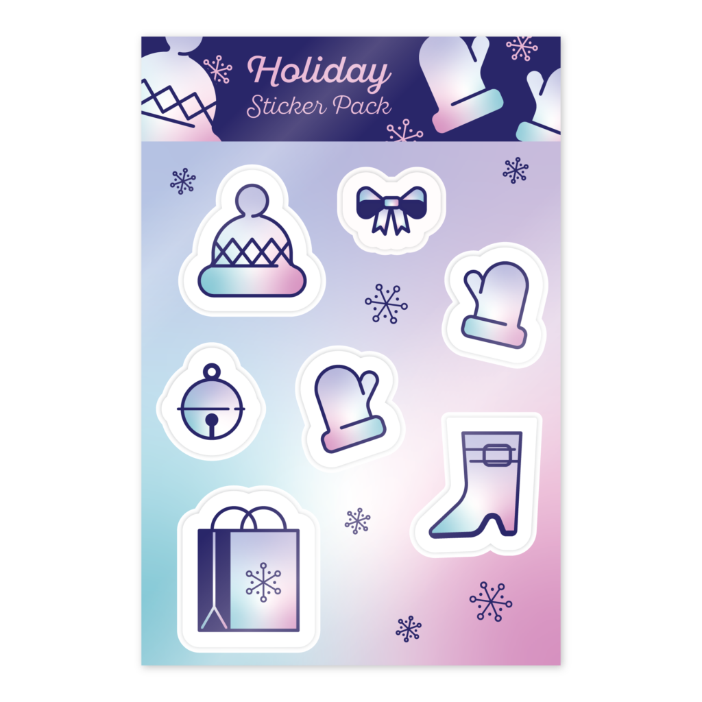Adobe Illustrator Challenge 6, Sticker sheet. Purple, blue, and pink. Holiday sticker pack, hat, bow, mittens, bell, gift bag, and boot stickers, stylized line.