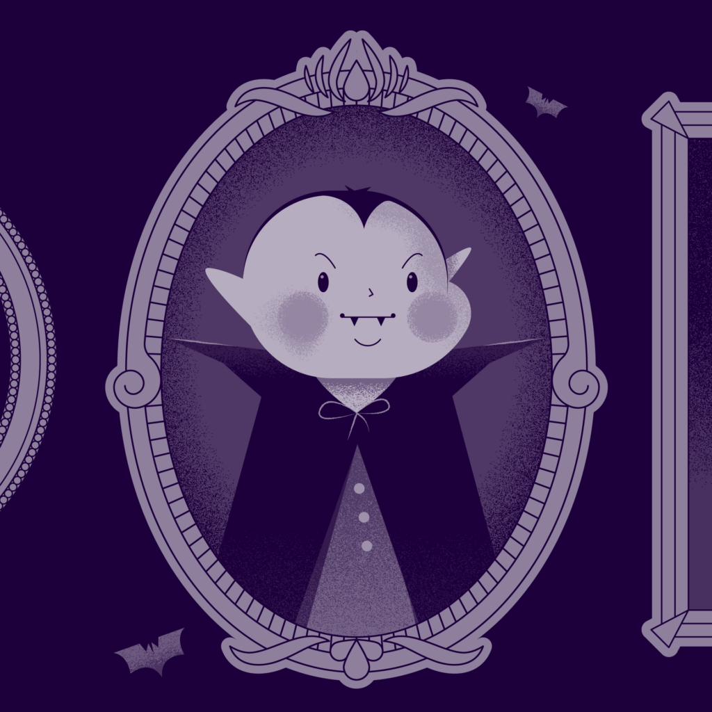 Adobe Illustrator Challenge 2, Victorian portrait. Monochromatic purple framed portrait, stylized, cute cartoon vampire, texture.