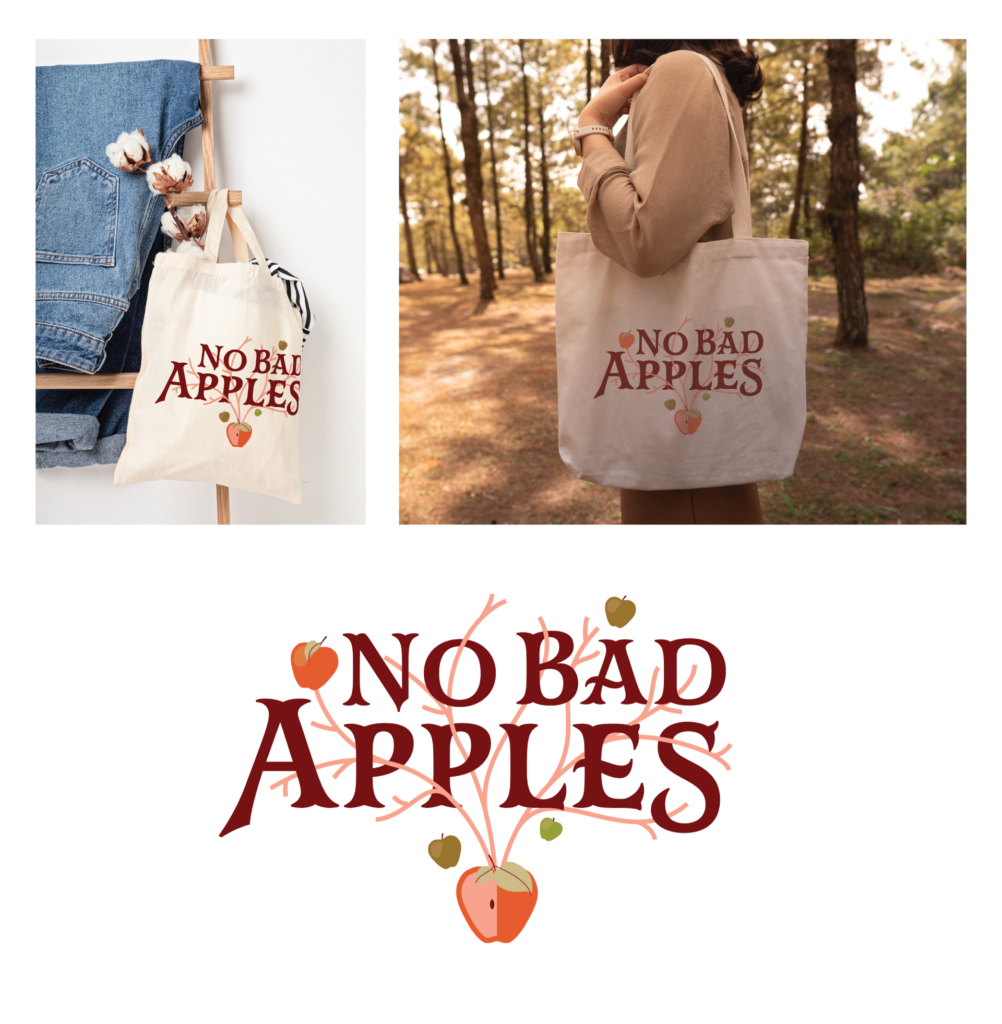 Adobe Illustrator Challenge 1, tote bag mock-up. No bad apples logo, green and red apples on branches weaving between red letters
