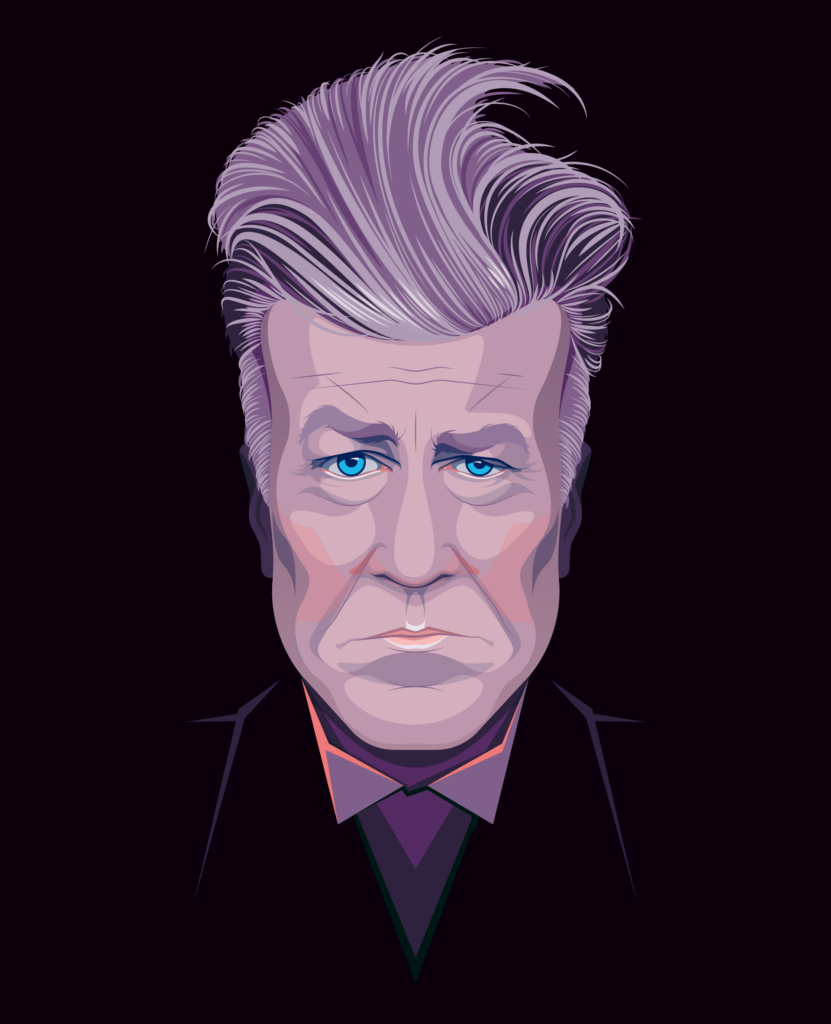 David Lynch Portrait, final art, black background, portrait in purple, tall hair, blue eyes, outfit falls off into the background, neutral facial expression.
