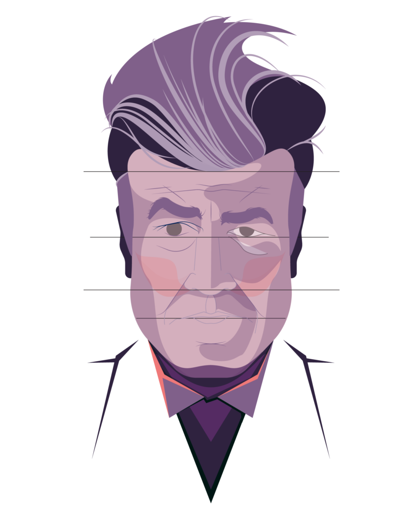 David Lynch Portrait, sketch, portrait in purple, tall hair, blue eyes, outfit falls off into the background, neutral facial expression. Lines to work out proportions on face and position of facial features.