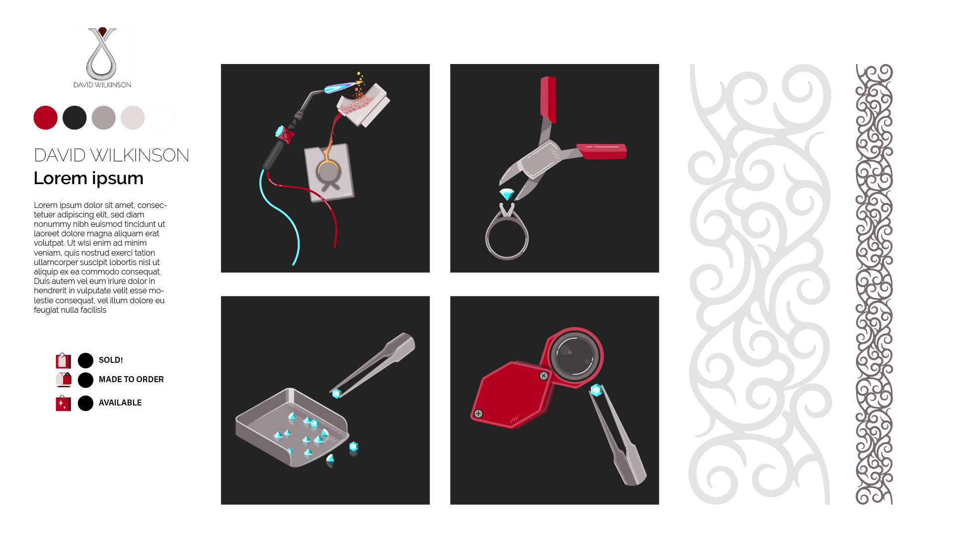 David Wilkinson Design website art, left side updated branding with logo on the top, color palette, fonts, and shop icons. Middle process illustrations, left to right, top to bottom, pouring metal into ring mold, setting stone, choosing stones, inspecting stones. Right, two ornate repeating pattern designs based on David's jewelry.