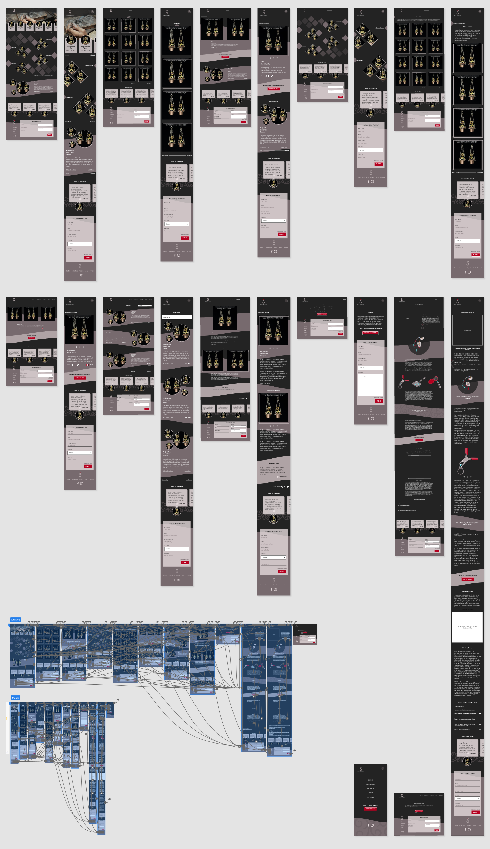 David Wilkinson Design website entire website screens designed, desktop and mobile side-by-side. Bottom right corner shows prototyping in Adobe XD.