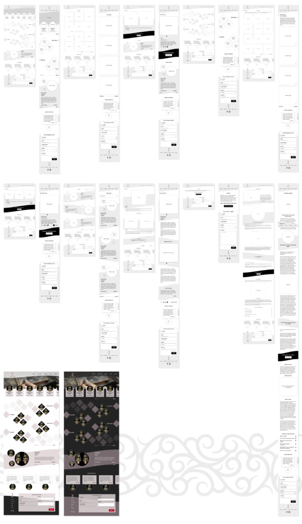 David Wilkinson Design website entire website screens wireframed, desktop and mobile side-by-side. Bottom right corner shows two color options of the home page design sent to David to choose, light and dark.