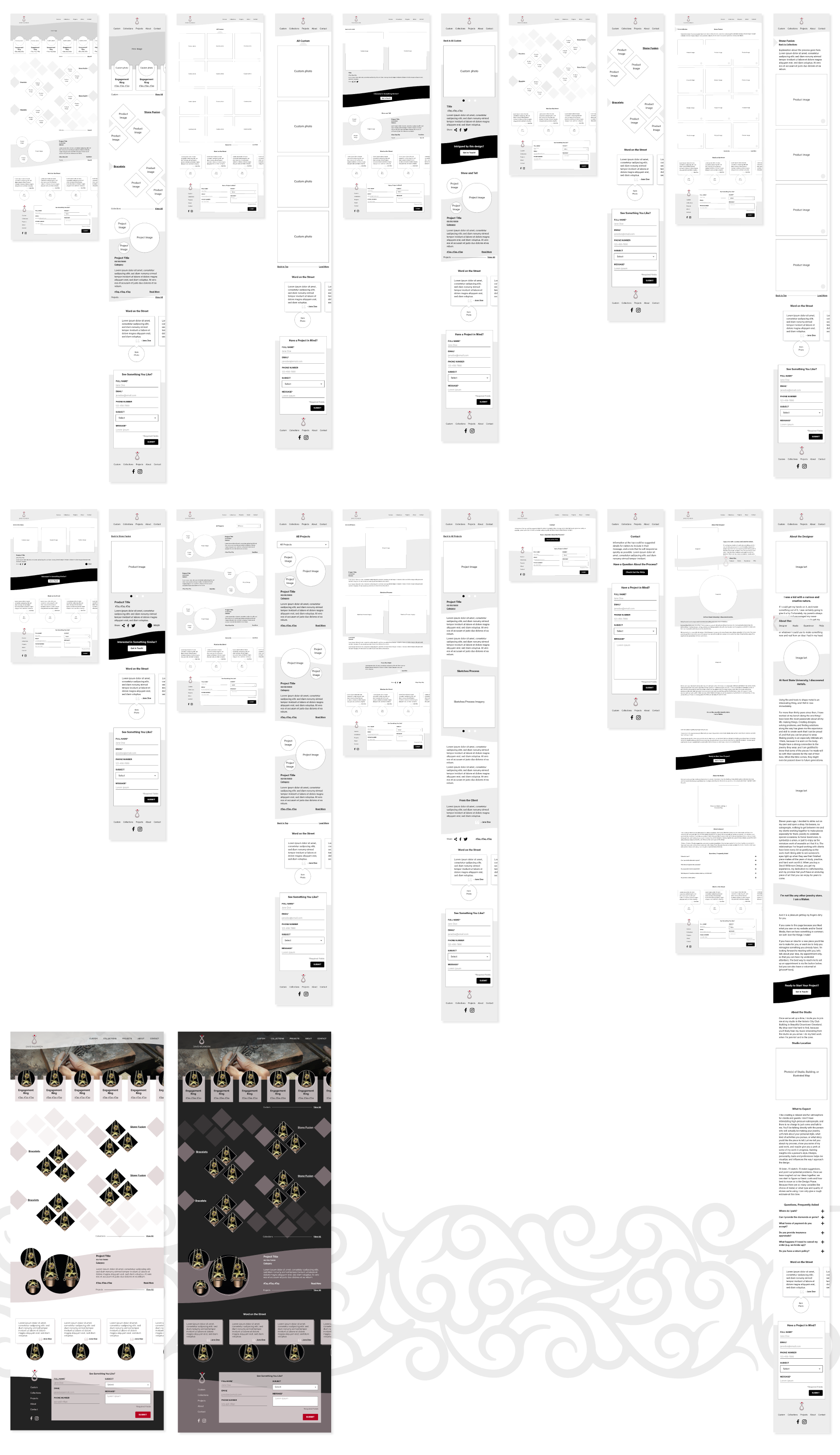 David Wilkinson Design website entire website screens wireframed, desktop and mobile side-by-side. Bottom right corner shows two color options of the home page design sent to David to choose, light and dark.
