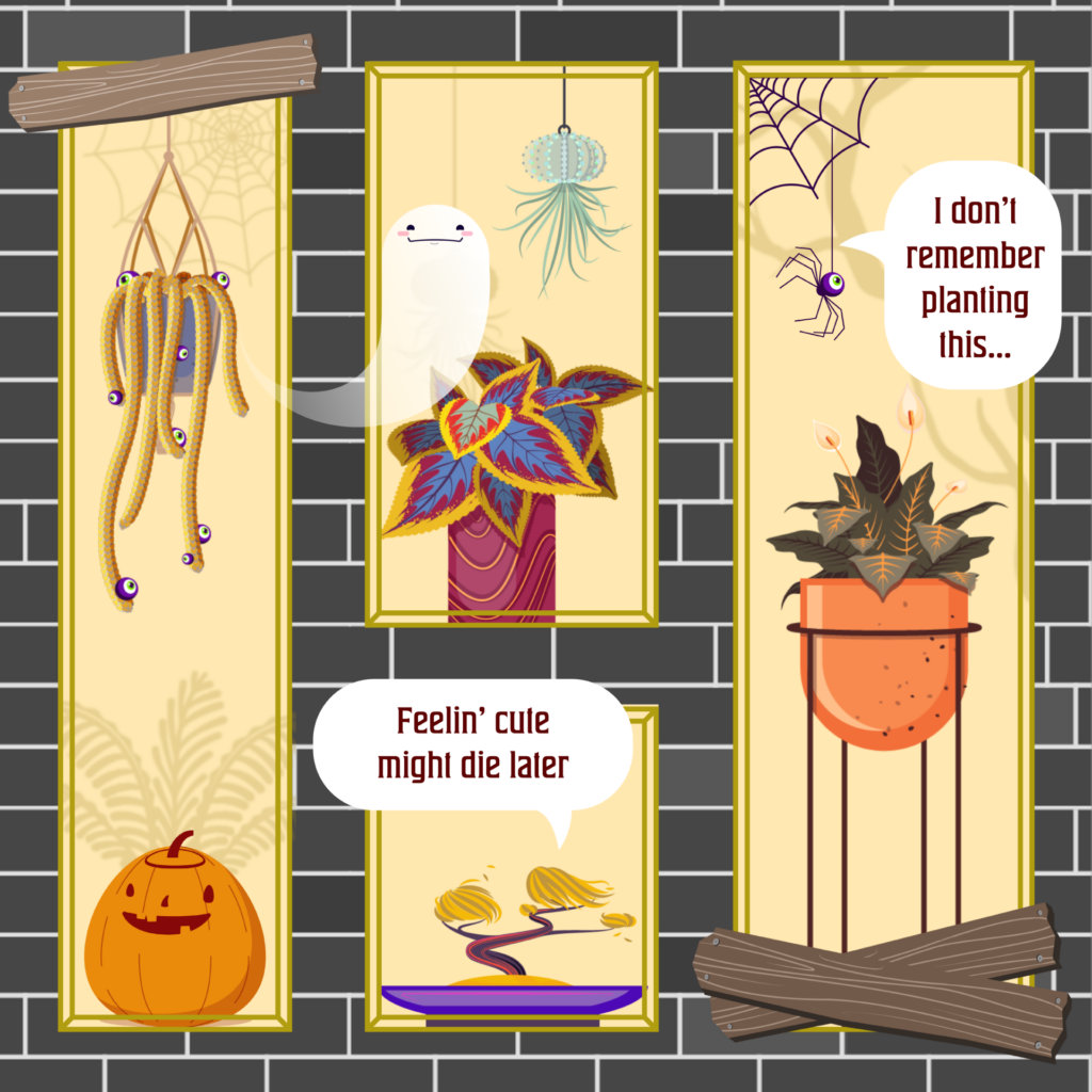 Haunted Botanical Garden, gray brick with yellow windows, plants and Halloween assets in each window. Bonsai tree saying "feelin' cute, might die later" and spider saying "I don't remember planting this."