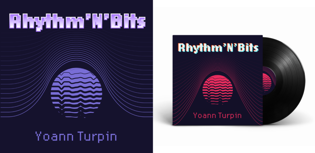 Adobe Illustrator Challenges 1, album art. Two fake album covers, both Rhythm 'N' Bits by Yoann Turpin. Left design purple monochromatic. Wavy lines around a wavy circle. Right design same design but in red and on a vinyl album mock-up.