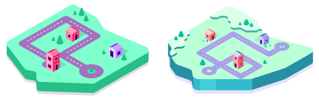 Adobe Illustrator Challenges 2, isometric maps. Two maps of Ohio, very stylized, isometric perspective. Left map simplified, red houses, purple house, road, and trees. Right map more detailed, landscape elevations, red and purple houses, road, and trees.