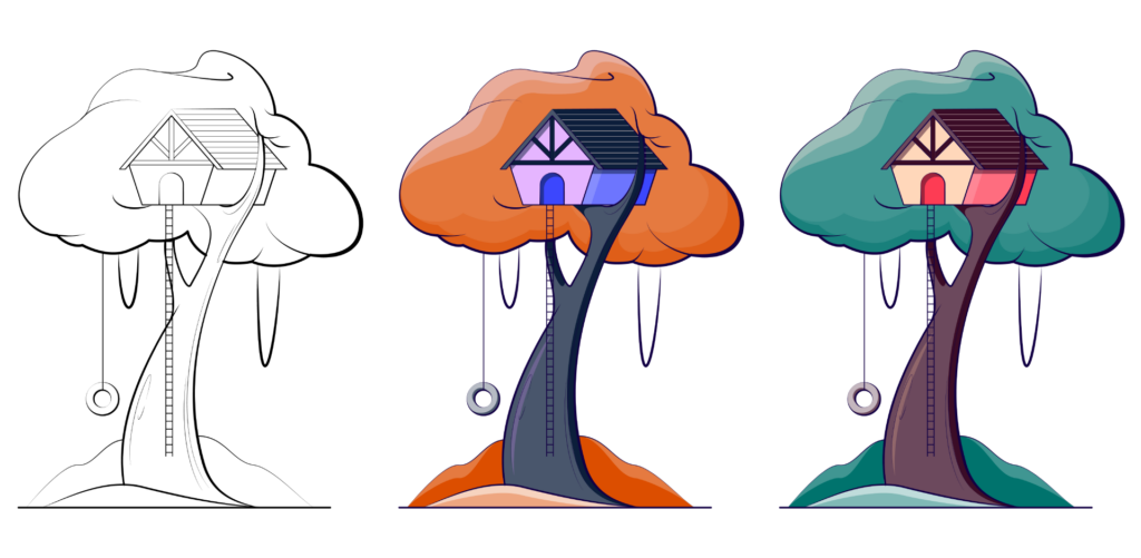 Adobe Illustrator Challenges 3 and 4, coloring page. Left side challenge 3, line art of a tree with a treehouse, ladder, and tire swing. Middle same treehouse colored in, purple house, orange leaves. Right, same treehouse colored in, red house, green leaves.