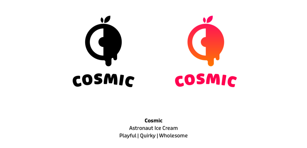 Adobe Illustrator Challenges 6, negative space logos. Two Cosmic logos. Berry shape with a "C" in the silhouette of the berry. Cosmic text below in an arc. Left side soild black, right side pink and orange gradient. Bottom text "cosmic, astronaut ice cream, playful, quirky, wholesome.