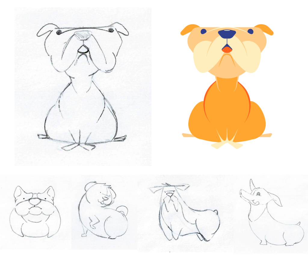 Adobe Illustrator Challenges 7, sketch to vector. Top left, pencil sketch of a dog. Top right, full color character drawn from sketch, orange dog, blue nose and eyes. Bottom, 4 pencil sketches of other dogs not used.