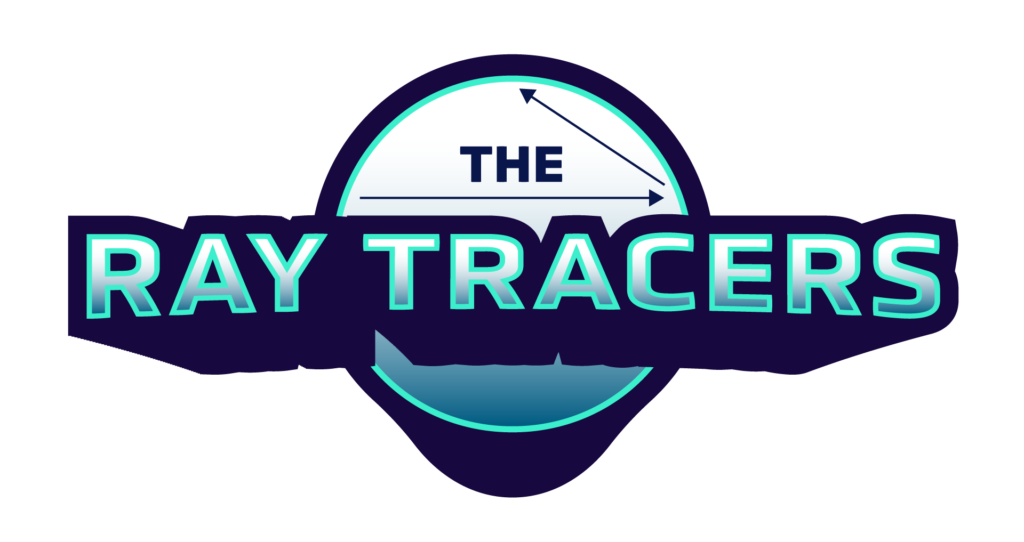 Adobe Illustrator Challenges 8, esports logo. The Raytracers in blue and teal. circle in the background with arrows, long cast shadow in perspective on the entire logo.