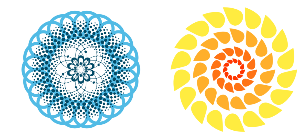 Adobe Illustrator Challenges 9, mandala patterns. Left a circular floral blue line and halftone pattern, Right, a yellow, orange, and red sunburst pattern.