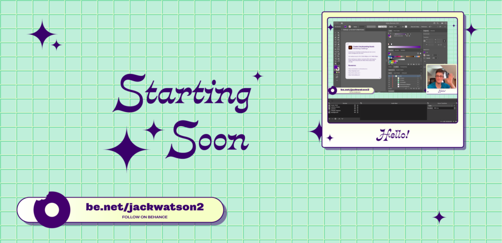 Adobe Illustrator Challenge 1, stream graphics. "Starting soon" text in purple surrounded by sparkles. Background teal grid. Bottom lower thirds design, rounded rectangle and donut icon. Right side mock-up showing screen layout.