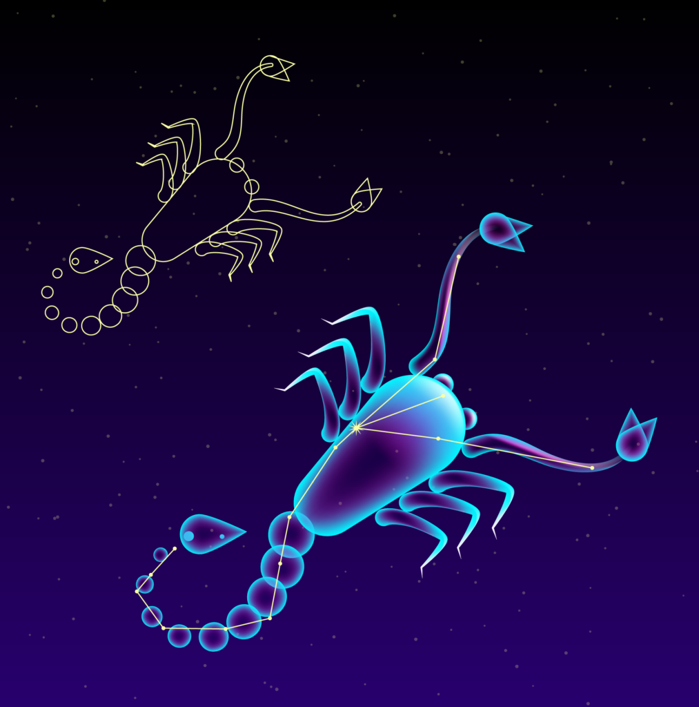 Adobe Illustrator Challenge 2, constellations. Dark night sky with Scorpio constellation in yellow line with teal and purple gradient overlay overtop.