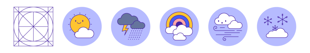 Adobe Illustrator Challenge 4, weather icons. Left to right, icon grid, sunny, thunderstorm, rainbow clouds, windy clouds, and snow. Purple, white, yellow, and blue icons.