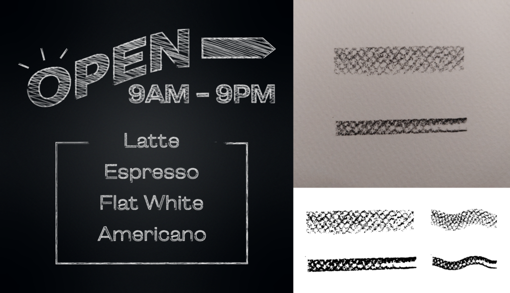 Adobe Illustrator Challenge 6, chalkboard type. Left side chalkboard sign, "open 9am-9pm, latte, espresso, flat white, americano" white chalk type on dark background. Left chalk brushes, top original sketch, bottom image traced brushes.