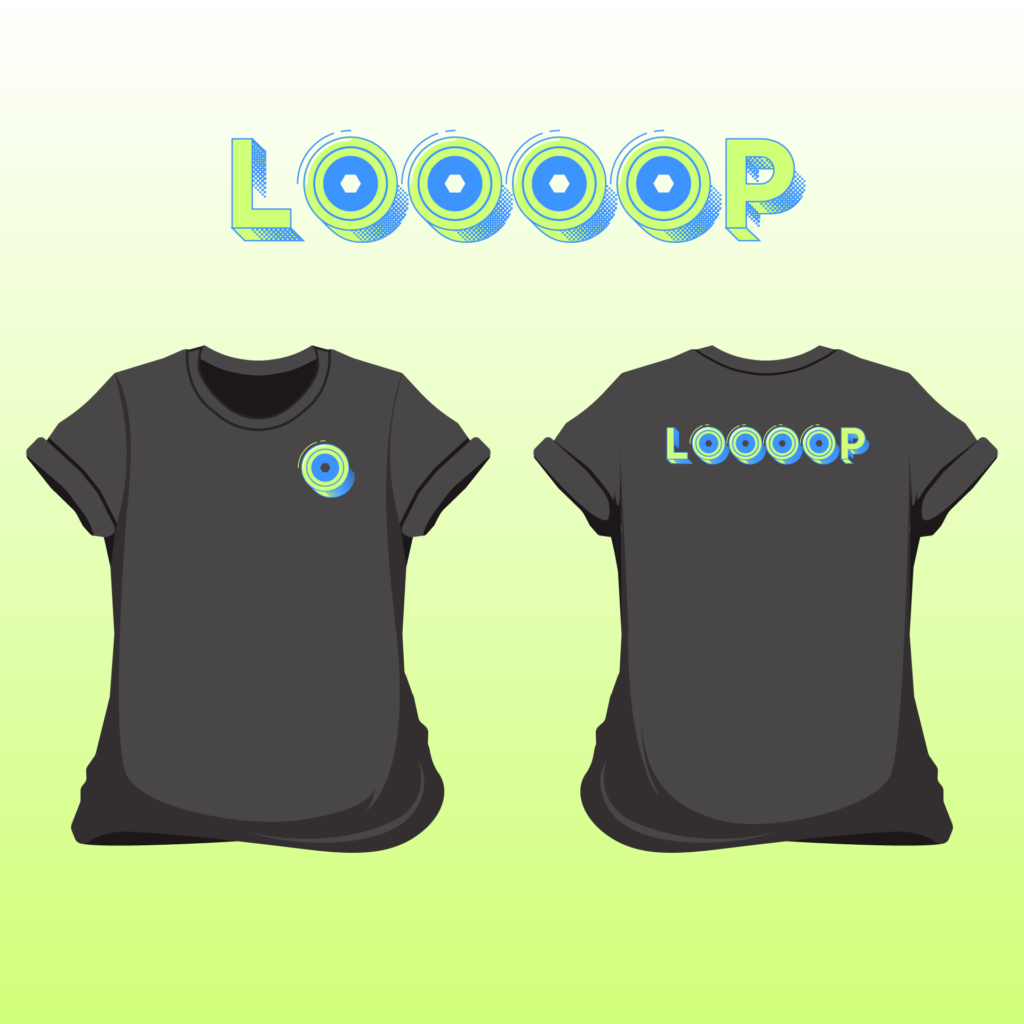Adobe Illustrator Challenge 8, Logotype. Loooop rollerblade logo, skatewheels for "O's" green and blue type with halftone patterns. Bottom front and back shirt mock-up, dark shirt with logo mark on the front, full logo type on the back.