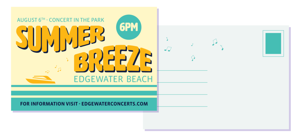 Adobe Illustrator Challenge 9, postcard. Summer Breeze warped yellow and purple text, 6pm inside of a teal sun, yellow and teal background, yellow boat, teal waves. Back of post card teal stamp, teal lines for address.