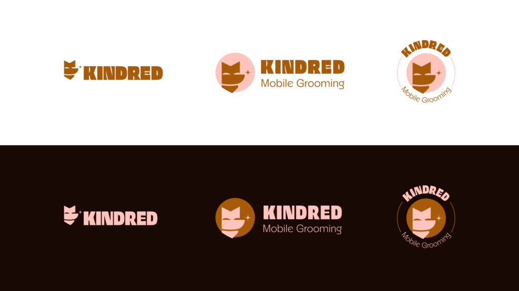 Kindred Mobile Grooming, alternative logos. Top row color variations on light background, bottom row color variations on dark background. Left versions, dog logomark and sparkle with "Kindred" text right of the mark. Center version dog logo mark with a sparkle, complementary color circle in the background, Kindred and mobile grooming stacked right of the mark. Right version dog logo mark with a sparkle, complementary color circle in the background, Kindred and mobile grooming stacked above and below the mark in a circle.