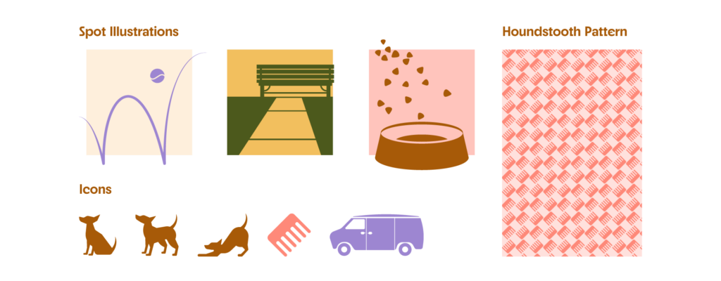 Kindred Mobile Grooming, top left spot illustrations, day in a dog's life, action line of a ball bouncing, dogs point of view of a sidewalk and park bench, dog food falling into a bowl, 2 color illustrations. Bottom row icons, dog sitting, standing, and in play bow, comb, and van. Right houndstooth pattern made out of grooming combs.