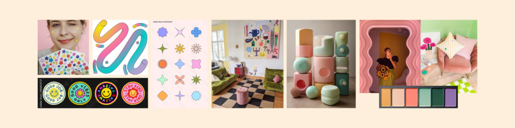 Kindred Mobile Grooming, logo inspiration, gen z bright colors, geometric patterns, maximalist spaces.