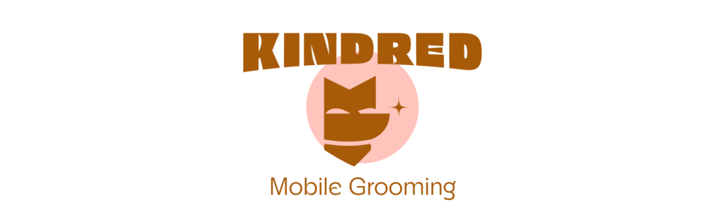 Kindred Mobile Grooming, final logo in burnt orange and pink. Bowed "Kindred" type overtop of the dog logo mark with a sparkle, complementary color circle in the background, "mobile grooming" text below.