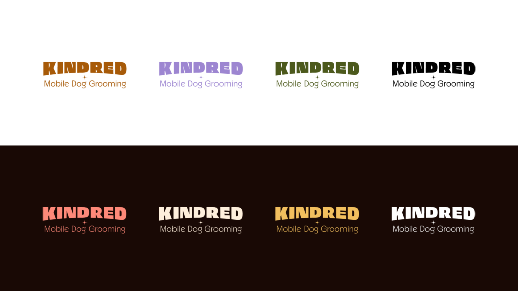 Kindred Mobile Grooming, final logotype. Top row color variations on light background, bottom row color variations on dark background. Bowed "Kindred" type, "mobile grooming" text below.