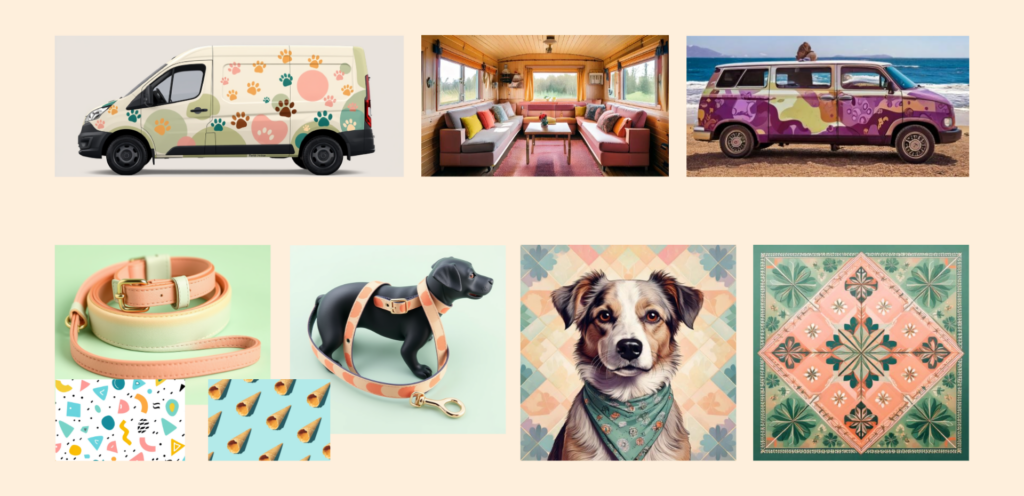 Kindred Mobile Grooming, marketing moodboard. Top row van inspiration, bottom row dog collar, leash, bandana inspiration.