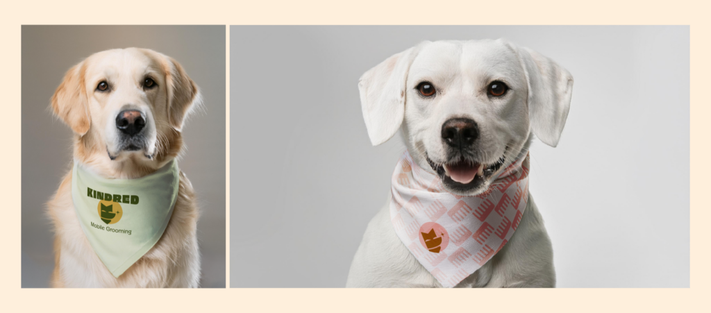 Kindred Mobile Grooming, bandana mock-ups. Left golden retriever type dog wearing a light green bandana with the Kindred logo large in green and yellow. Right Labrador type dog wearing a white bandana with pink comb pattern all over print, and small pink and burnt orange Kindred logomark on the bottom of the bandana.