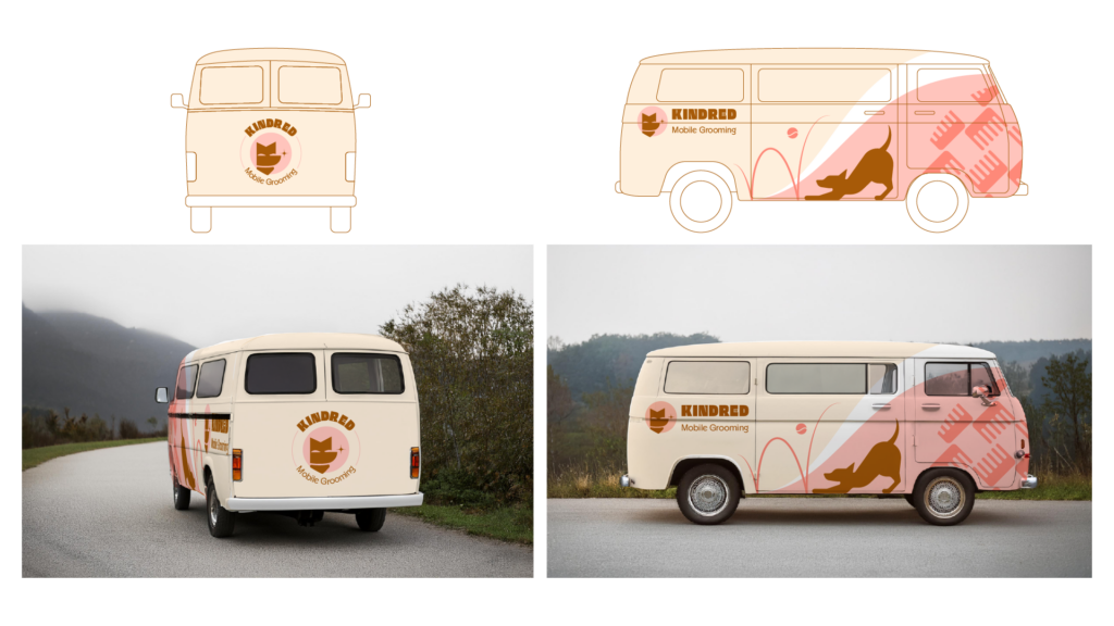 Kindred Mobile Grooming, van vehicle wrap dielines top row, mock-ups bottom row. Back of van badge style logo, sides of van large wave shape containing dog silhouette in a play bow, with a ball action line and ball coming toward the dog. Grooming comb pattern on the front. Kindred horizontal logo and type lock-ups on the back. Cream, pink, burnt orange color palette