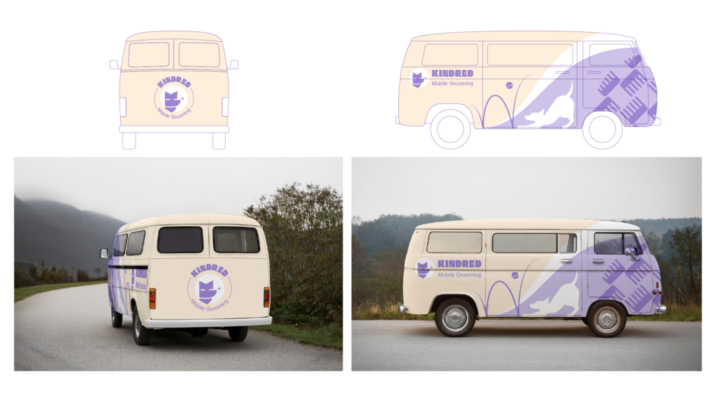 Kindred Mobile Grooming, van vehicle wrap dielines top row, mock-ups bottom row. Back of van badge style logo, sides of van large wave shape containing dog silhouette in a play bow, with a ball action line and ball coming toward the dog. Grooming comb pattern on the front. Kindred horizontal logo and type lock-ups on the back. Cream and purple color palette
