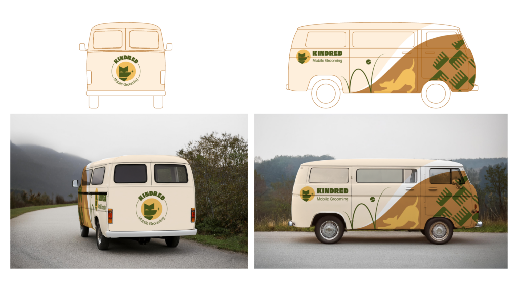 Kindred Mobile Grooming, van vehicle wrap dielines top row, mock-ups bottom row. Back of van badge style logo, sides of van large wave shape containing dog silhouette in a play bow, with a ball action line and ball coming toward the dog. Grooming comb pattern on the front. Kindred horizontal logo and type lock-ups on the back. Cream, yellow, green, burnt orange color palette