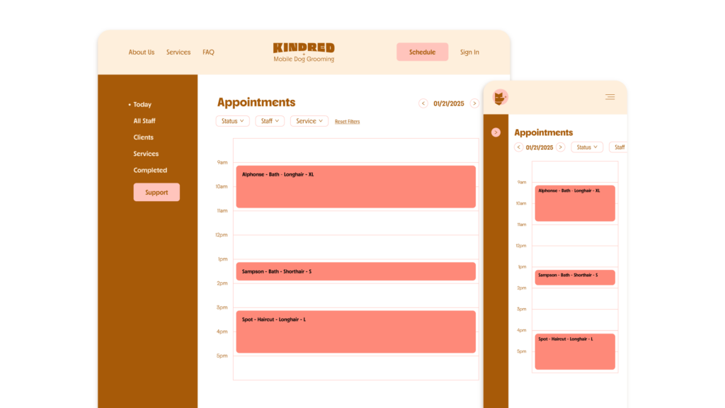 Kindred Mobile Grooming, employee app for scheduling mock-up.