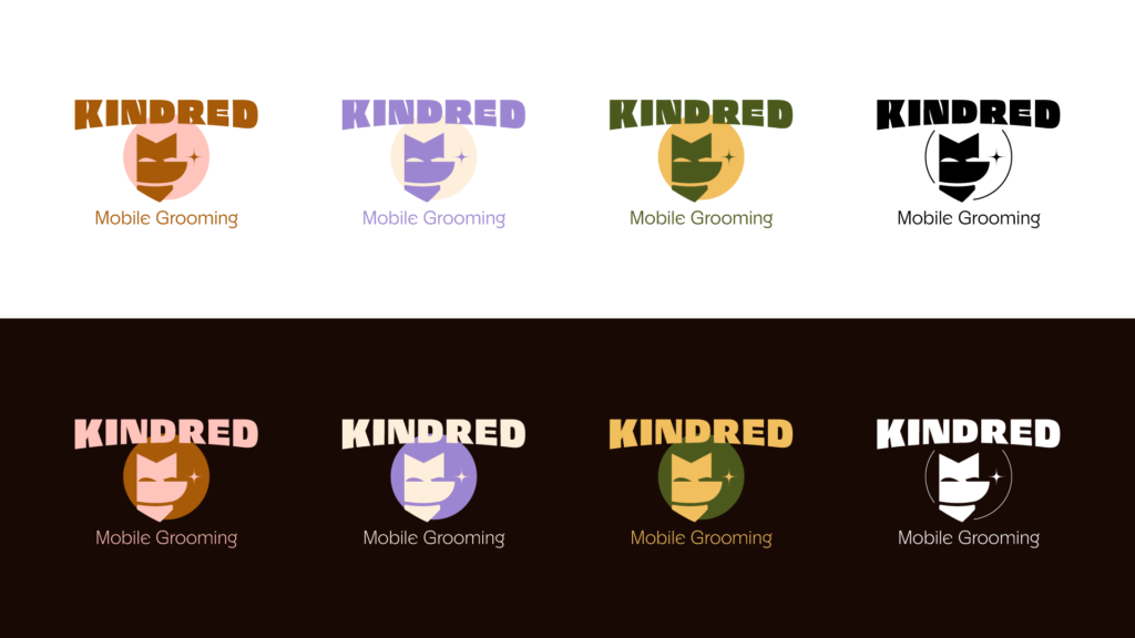 Kindred Mobile Grooming, final logo. Top row color variations on light background, bottom row color variations on dark background. Bowed "Kindred" type overtop of the dog logo mark with a sparkle, complementary color circle in the background, "mobile grooming" text below.
