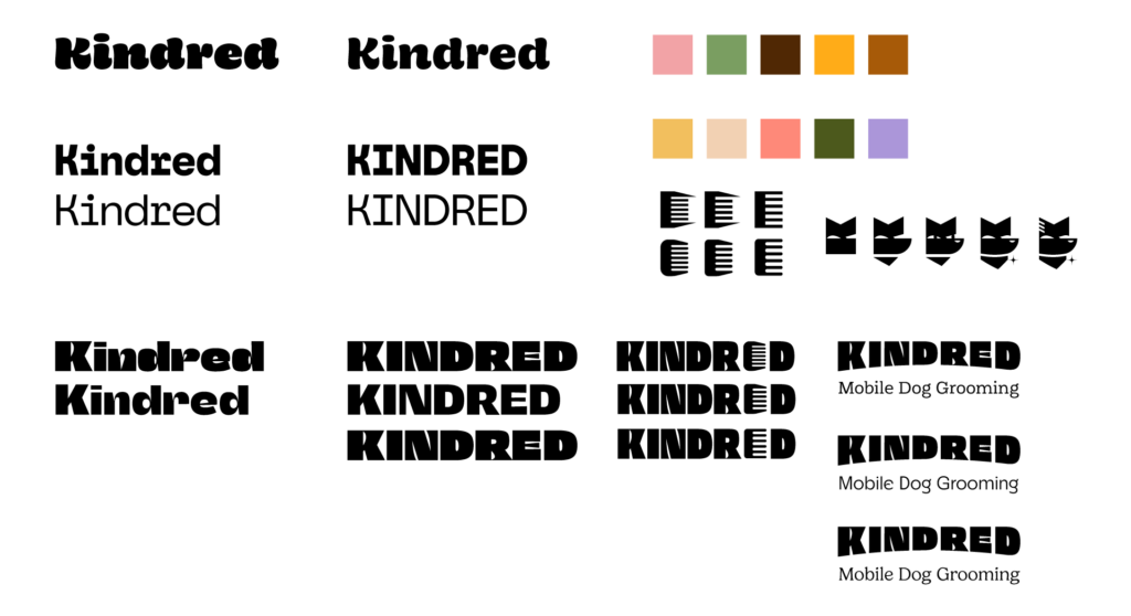 Kindred Mobile Grooming, sketches of logotype. Different fonts, lock-up with the comb icon. The creation of the comb and the dog logomark from the "K" in "Kindred. Color palettes, top right, light pink, light green, brown, yellow, light brown. Bottom yellow, cream, pink, green, purple