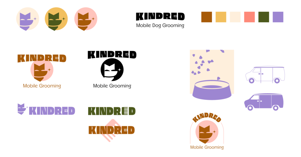 Kindred Mobile Grooming logomark sketches, dog faces in color variations, dog comb, with logo in various lock-ups and colors, Top right color palette, burnt orange, yellow, punk, green, purple. Bottom right icons of dog food falling into a bowl, van.