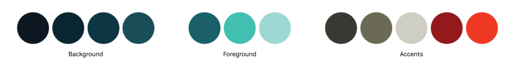 Ocean Acidification, color palette, 4 dark blues for background, 3 light blues and teal for foreground, dark, mid and light brown, dark red and light red for accents.