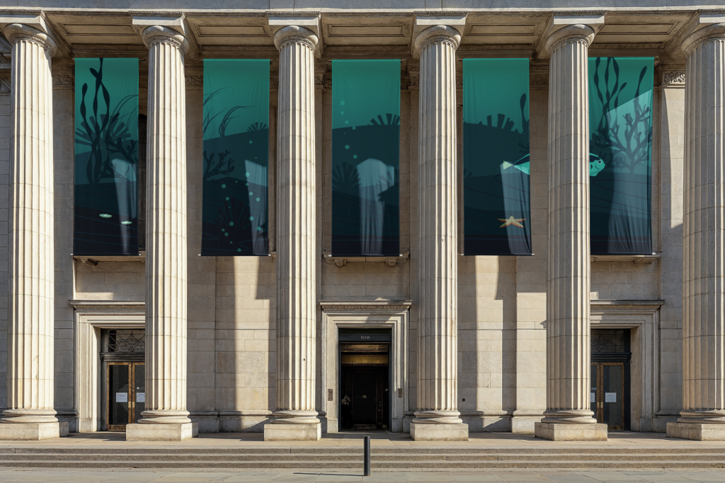 Ocean Acidification, mock-up of museum banners on museum building. Large coral reef illustration in all blues across 4 banners