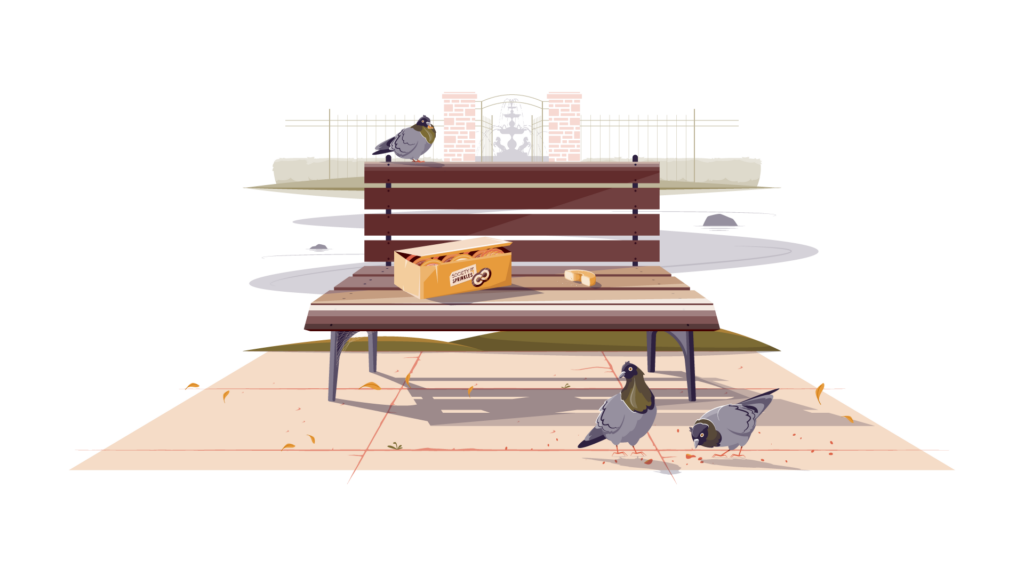 Park & Pigeons final art. Faded park fence and gate, fountain, hedges in the background. Path in the midground. Brown park bench with a box of donuts and half eaten donut sitting on top. Pigeon sits on the top left of the bench. Pigeons on the ground on the right pecking at crumbs.